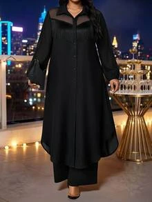 SHEIN Lady 大尺碼女款網格拼接休閒長袖上衣與長褲兩件套 秋季 - 黑色 - 查看 5
