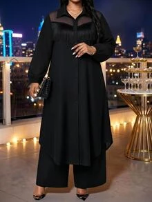 SHEIN Lady 大尺碼女款網格拼接休閒長袖上衣與長褲兩件套 秋季 - 黑色 - 查看 3