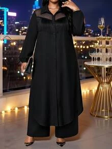 SHEIN Lady 大尺碼女款網格拼接休閒長袖上衣與長褲兩件套 秋季 - 黑色 - 查看 4