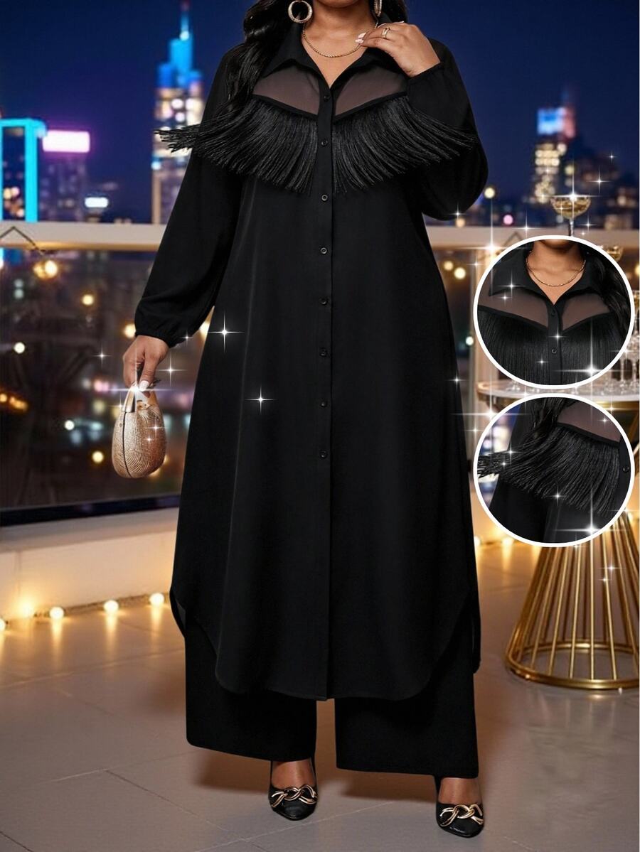 SHEIN Lady 大尺碼女款網格拼接休閒長袖上衣與長褲兩件套 秋季 - 黑色 - 查看 1