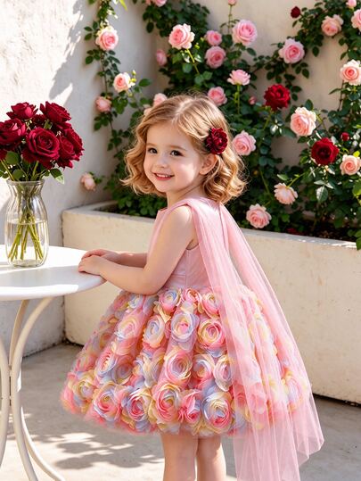 SHEIN Glamorique Kids Baby Girl Burgundy Tulle 3D Floral Dress, Birthday Evening Party Formal, Wedding, Flower Girl, Princess Elegant, Fall Winter, Warm, Outfit