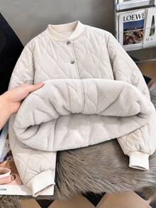 SHEIN Franclia Women's Autumn/Winter Thickened Thermal Lined Casual Commute Quilted Ribbed Patchwork Apricot Long Sleeve Padded Coat - Apricot - View 5