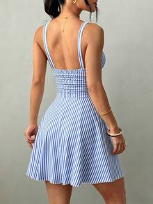SHEIN Raffinéa Women's V-Neck Ruched Waist A-Line Elegant Spaghetti Strap Short Knit Dress,Blue And White Stripe,Summer,Conservative,Beach,Holiday,Ladies Dress - Blue - View 4
