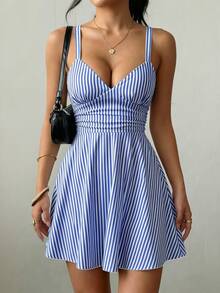 SHEIN Raffinéa Women's V-Neck Ruched Waist A-Line Elegant Spaghetti Strap Short Knit Dress,Blue And White Stripe,Summer,Conservative,Beach,Holiday,Ladies Dress - Blue - View 7