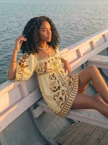 CAJUNI Women's All-Over Print Square Neck Casual Daily Summer Mini Dress - Light Yellow - View 7