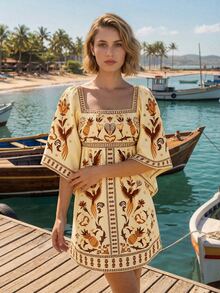 CAJUNI Women's All-Over Print Square Neck Casual Daily Summer Mini Dress - Light Yellow - View 5