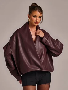 SHEIN BAE 女款時尚通勤夜生活外出設計夾克，萬聖節黑色秋季休閒電音派對搖滾風 - 酒紅色 - 查看 5