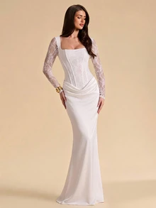 SHEIN BAE Brown Lace Halter Neck High Slit Dress, Suitable For Cocktail Party, Romantic Date, Party, Wedding Bridesmaid Dress, Evening Out Dress - White - View 5