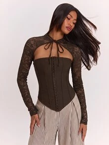 SHEIN BAE 黑色性感蕾絲拼接上衣，適合派對、約會、通勤，性感夜店上衣、緊身胸衣、外出上衣、可愛上衣、蕾絲上衣 - 咖啡棕 - 查看 4