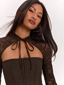 SHEIN BAE 黑色性感蕾絲拼接上衣，適合派對、約會、通勤，性感夜店上衣、緊身胸衣、外出上衣、可愛上衣、蕾絲上衣 - 咖啡棕 - 查看 6