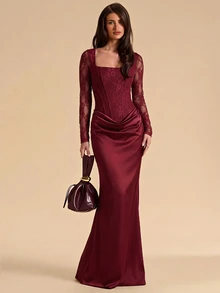 SHEIN BAE Brown Lace Halter Neck High Slit Dress, Suitable For Cocktail Party, Romantic Date, Party, Wedding Bridesmaid Dress, Evening Out Dress - Burgundy - View 1