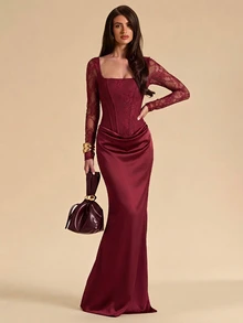 SHEIN BAE Brown Lace Halter Neck High Slit Dress, Suitable For Cocktail Party, Romantic Date, Party, Wedding Bridesmaid Dress, Evening Out Dress - Burgundy - View 4