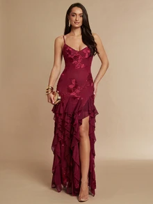 Silquee Elegant Party Floral Embroidered Ruffle Trim Criss-Cross Tie Backless Spaghetti Strap Dress - Burgundy - View 6