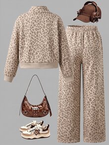 Girls 2 Pieces Casual Fashion Spring/Autumn/Winter Set, Stand Collar Sweatshirt And Wide Leg Sweatpants, Sweet Cool Leopard Print, Soft Fabric - Multicolor - View 2