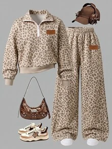 Girls 2 Pieces Casual Fashion Spring/Autumn/Winter Set, Stand Collar Sweatshirt And Wide Leg Sweatpants, Sweet Cool Leopard Print, Soft Fabric - Multicolor - View 3