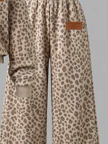 Girls 2 Pieces Casual Fashion Spring/Autumn/Winter Set, Stand Collar Sweatshirt And Wide Leg Sweatpants, Sweet Cool Leopard Print, Soft Fabric - Multicolor - View 4