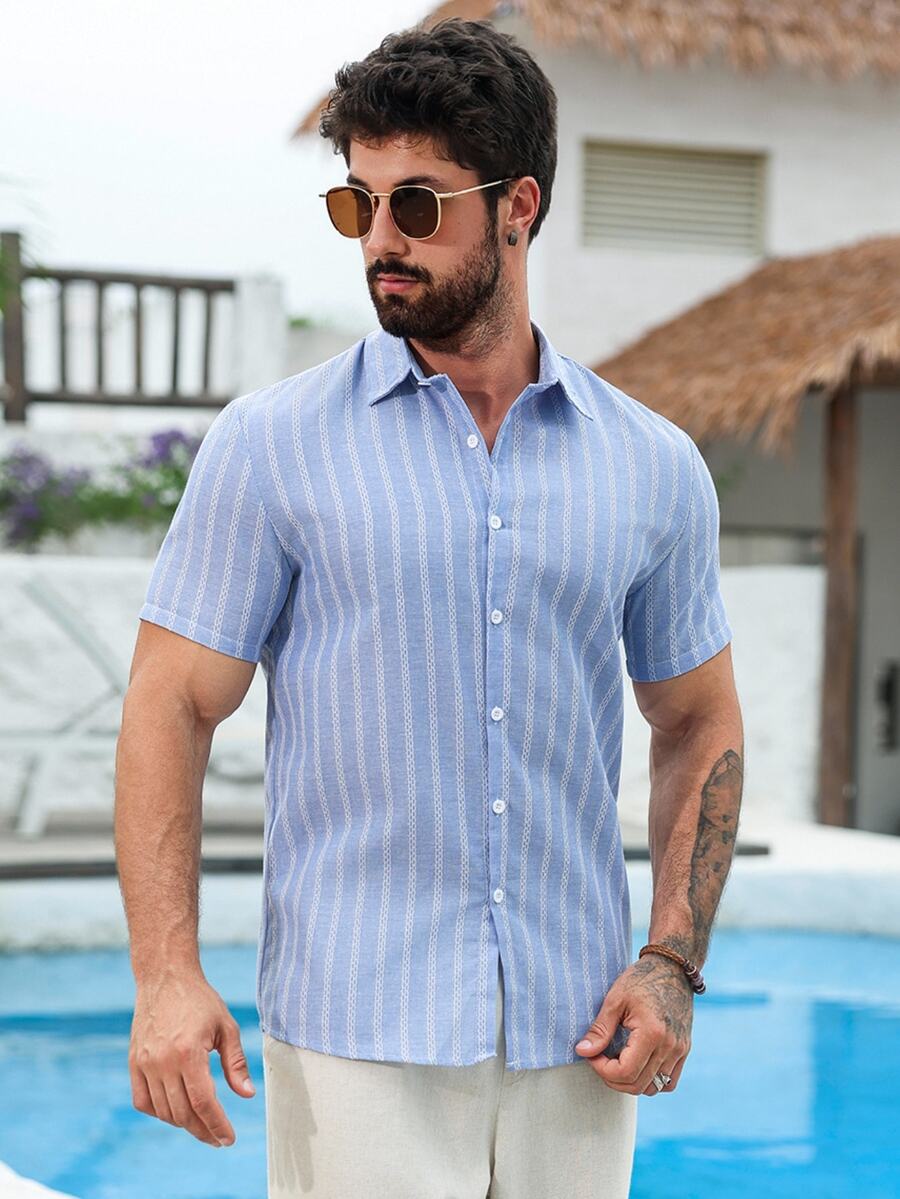 VENTUSAIL Men's Striped Single-Breasted Casual Versatile Daily Wear Short Sleeve Shirt, Holiday - Multicolor - View 1