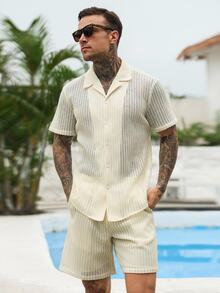 VENTUSAIL 2pcs Men's Light Beige Summer Casual Vacation Holiday Outfit,Textured Button Up Short Sleeve Shirt & Shorts Set,Old Money Retro Beach Wear Set - Apricot - View 1