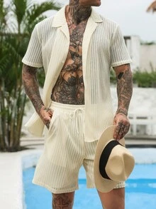 VENTUSAIL 2pcs Men's Light Beige Summer Casual Vacation Holiday Outfit,Textured Button Up Short Sleeve Shirt & Shorts Set,Old Money Retro Beach Wear Set - Apricot - View 6