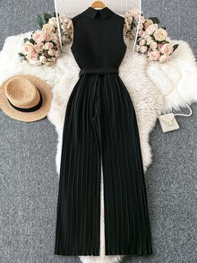 Rafferiza Sleeveless Mandarin Collar Cinched Waist Jumpsuit With Pleated Detail, Black - Black - View 3