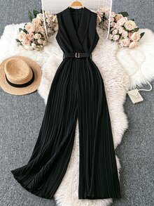 Rafferiza Sleeveless Mandarin Collar Cinched Waist Jumpsuit With Pleated Detail, Black - Black - View 4
