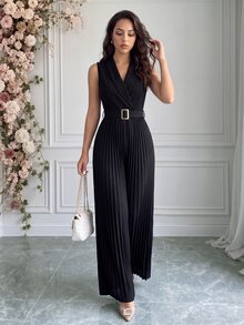 Rafferiza Sleeveless Mandarin Collar Cinched Waist Jumpsuit With Pleated Detail, Black - Black - View 1