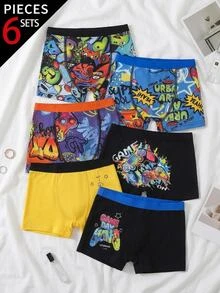 青少年男孩 6 件組平口內褲，透氣棉質內衣，酷炫遊戲控制器塗鴉印花，黑色沙灘騎行秋季寬鬆款 - 彩色 - 查看 8