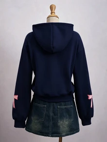 SHEIN 青少年女孩長袖秋冬純色時尚可愛街頭風寬鬆蝴蝶結運動衫夾克，舒適抓絨面料，粉色，Senior 2027 - 藏蓝色 - 查看 3