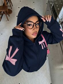 SHEIN 青少年女孩長袖秋冬純色時尚可愛街頭風寬鬆蝴蝶結運動衫夾克，舒適抓絨面料，粉色，Senior 2027 - 藏蓝色 - 查看 2