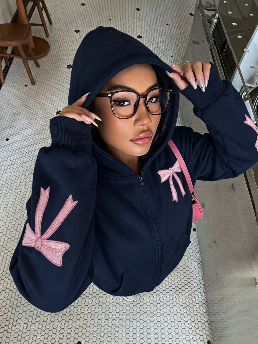 SHEIN 青少年女孩長袖秋冬純色時尚可愛街頭風寬鬆蝴蝶結運動衫夾克，舒適抓絨面料，粉色，Senior 2027