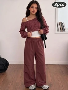 Teen Casual Comfortable Knit Tank Top Camisole Cargo Wide Leg Pants 3 Pieces Set Suitable Y2k Back To School,Autumn Outfit,Winter, Fall Tops - Burgundy - View 3