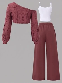 Teen Casual Comfortable Knit Tank Top Camisole Cargo Wide Leg Pants 3 Pieces Set Suitable Y2k Back To School,Autumn Outfit,Winter, Fall Tops - Burgundy - View 2