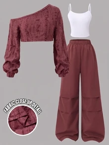Teen Casual Comfortable Knit Tank Top Camisole Cargo Wide Leg Pants 3 Pieces Set Suitable Y2k Back To School,Autumn Outfit,Winter, Fall Tops - Burgundy - View 1