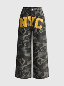 ROMWE Spring/Summer Y2K Street Style Side NYC Print Distressed Washed Ultra Low Waist Loose Straight Leg Camo Denim Jeans - Black - View 5