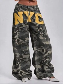 ROMWE Spring/Summer Y2K Street Style Side NYC Print Distressed Washed Ultra Low Waist Loose Straight Leg Camo Denim Jeans - Black - View 1