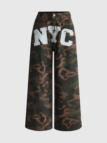 ROMWE Spring/Summer Y2K Street Style Side NYC Print Distressed Washed Ultra Low Waist Loose Straight Leg Camo Denim Jeans - Brown - View 5