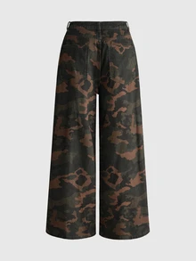 ROMWE Spring/Summer Y2K Street Style Side NYC Print Distressed Washed Ultra Low Waist Loose Straight Leg Camo Denim Jeans - Brown - View 2