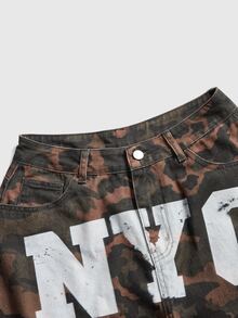 ROMWE Spring/Summer Y2K Street Style Side NYC Print Distressed Washed Ultra Low Waist Loose Straight Leg Camo Denim Jeans - Brown - View 3