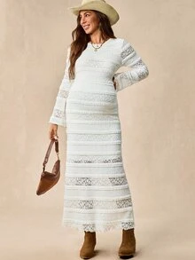 Boho Mama 孕婦圓領長袖多層荷葉邊修身優雅洋裝 - 杏色 - 查看 6