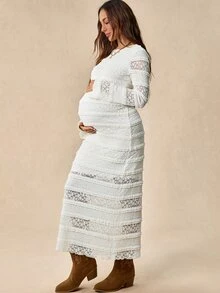 Boho Mama 孕婦圓領長袖多層荷葉邊修身優雅洋裝 - 杏色 - 查看 5