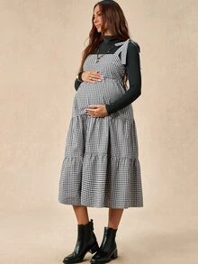 Boho Mama Maternity Solid Color Turtleneck Long Sleeve Top And Plaid Dress 2 Pieces Set - Multicolor - View 5