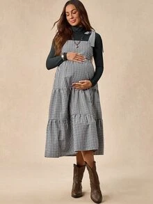 Boho Mama Maternity Solid Color Turtleneck Long Sleeve Top And Plaid Dress 2 Pieces Set - Multicolor - View 6