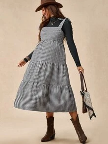 Boho Mama Maternity Solid Color Turtleneck Long Sleeve Top And Plaid Dress 2 Pieces Set - Multicolor - View 7
