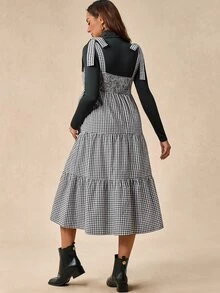 Boho Mama Maternity Solid Color Turtleneck Long Sleeve Top And Plaid Dress 2 Pieces Set - Multicolor - View 4