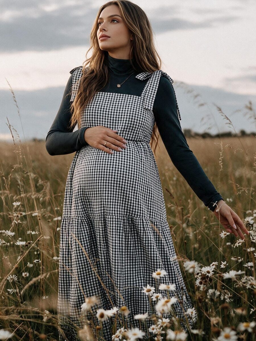 Boho Mama Maternity Solid Color Turtleneck Long Sleeve Top And Plaid Dress 2 Pieces Set - Multicolor - View 1