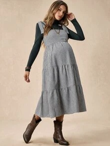 Boho Mama Maternity Solid Color Turtleneck Long Sleeve Top And Plaid Dress 2 Pieces Set - Multicolor - View 2