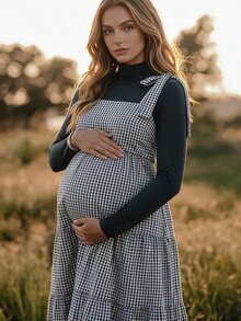 Boho Mama Maternity Solid Color Turtleneck Long Sleeve Top And Plaid Dress 2 Pieces Set - Multicolor - View 1