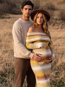 Boho Mama Maternity Gradient Color Off-Shoulder Long Sleeve Fitted Fashion Knit Dress - Multicolor - View 4