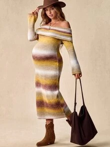 Boho Mama Maternity Gradient Color Off-Shoulder Long Sleeve Fitted Fashion Knit Dress - Multicolor - View 2