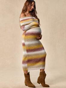 Boho Mama Maternity Gradient Color Off-Shoulder Long Sleeve Fitted Fashion Knit Dress - Multicolor - View 6